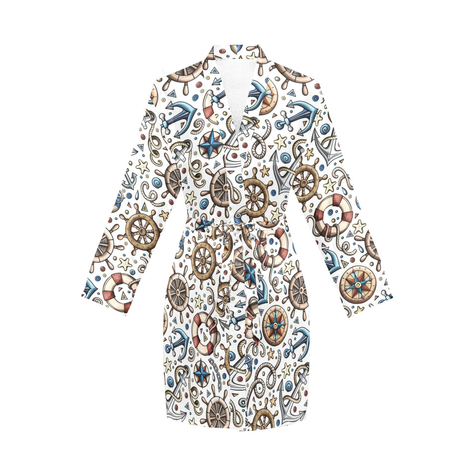 Cute nautical steering wheel anchor pattern Women's Long Sleeve Belted Night Robe