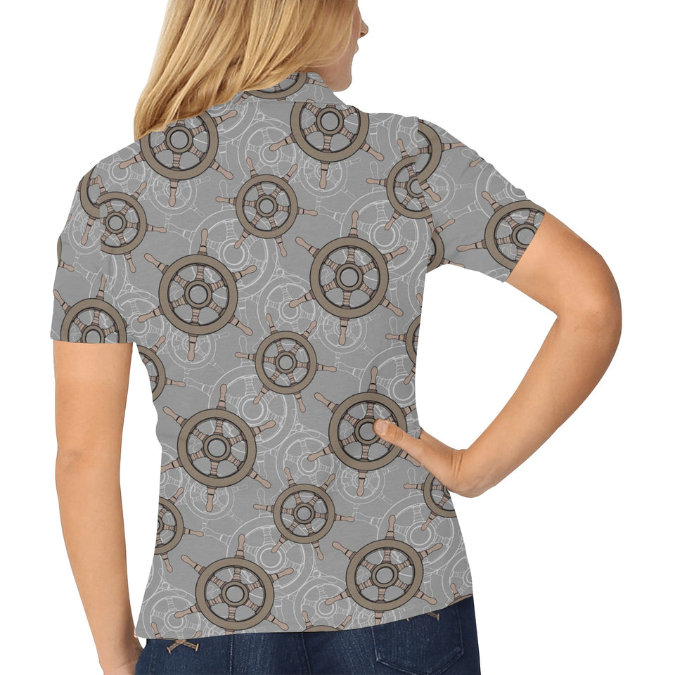 nautical wood steering wheel pattern Women's All Over Print Polo Shirt