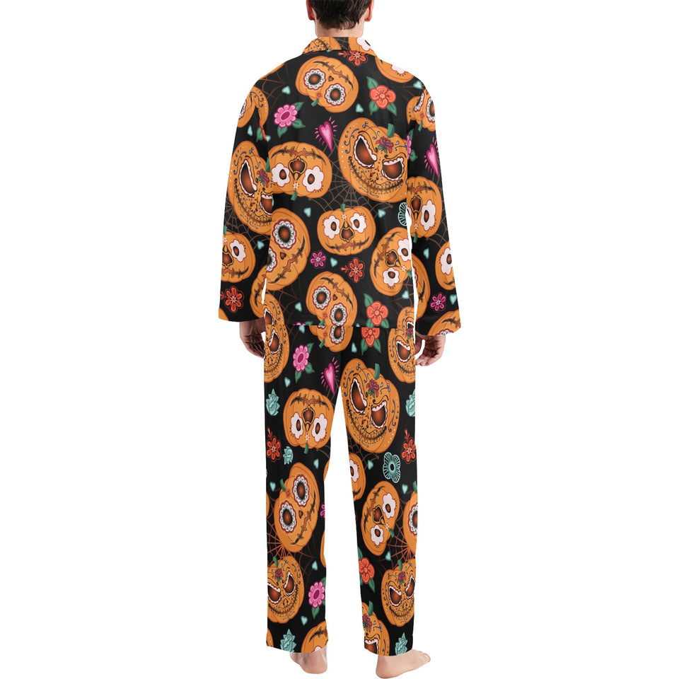 Pumpkin flowers spiderweb Halloween theme Men's Long Pajama Set