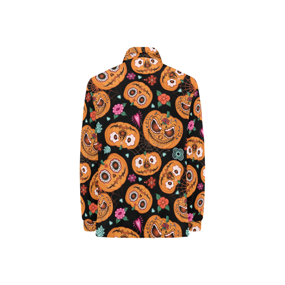 Pumpkin flowers spiderweb Halloween theme Women's Long Sleeve Polo Shirt