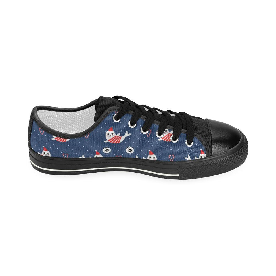 Cute sea lion seal christmas hat candy cane heart Kids' Boys' Girls' Low Top Canvas Shoes Black