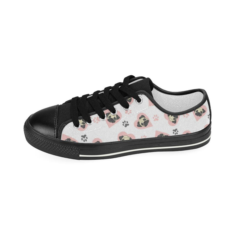 Cute pugs pink heart paw pattern Kids' Boys' Girls' Low Top Canvas Shoes Black