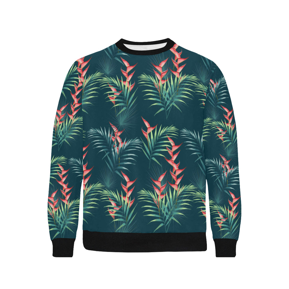 heliconia flowers, palm and monstera leaves on bla Men's Crew Neck Sweatshirt