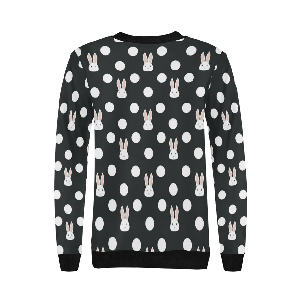 Cute white rabbit polka dots black background Women's Crew Neck Sweatshirt