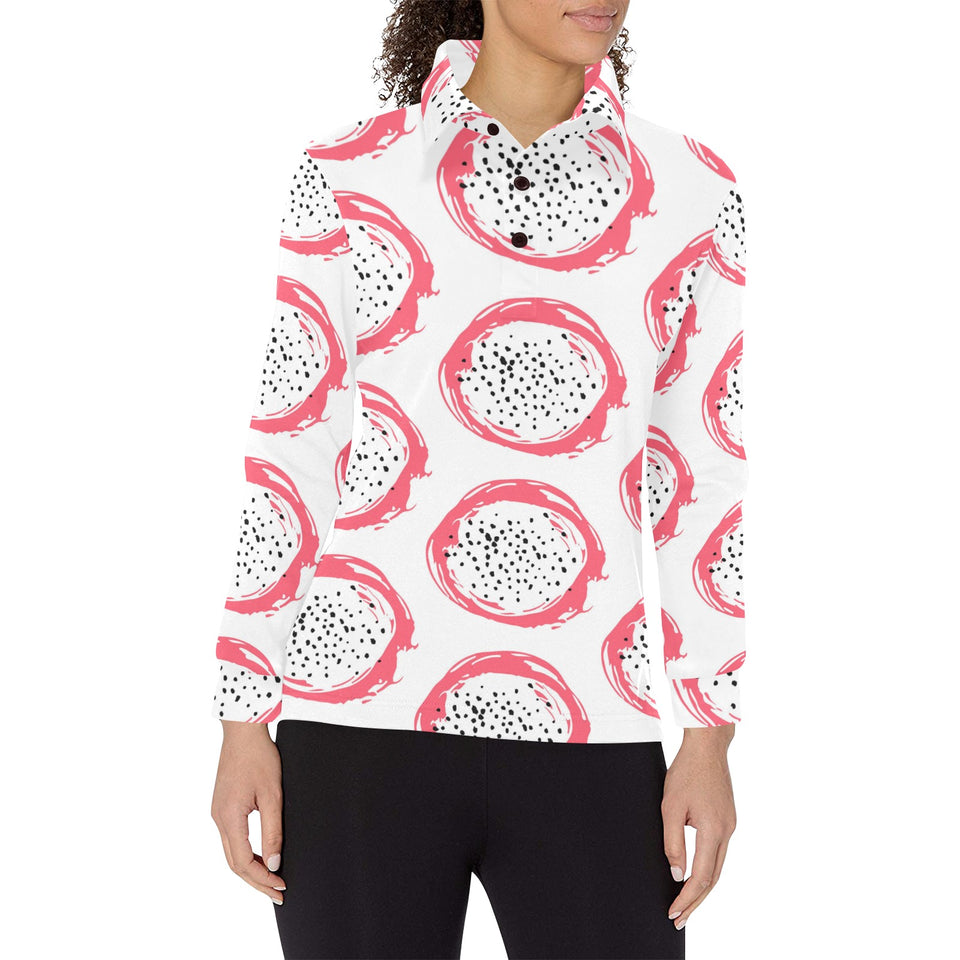 Hand drawn dragon fruit Women's Long Sleeve Polo Shirt