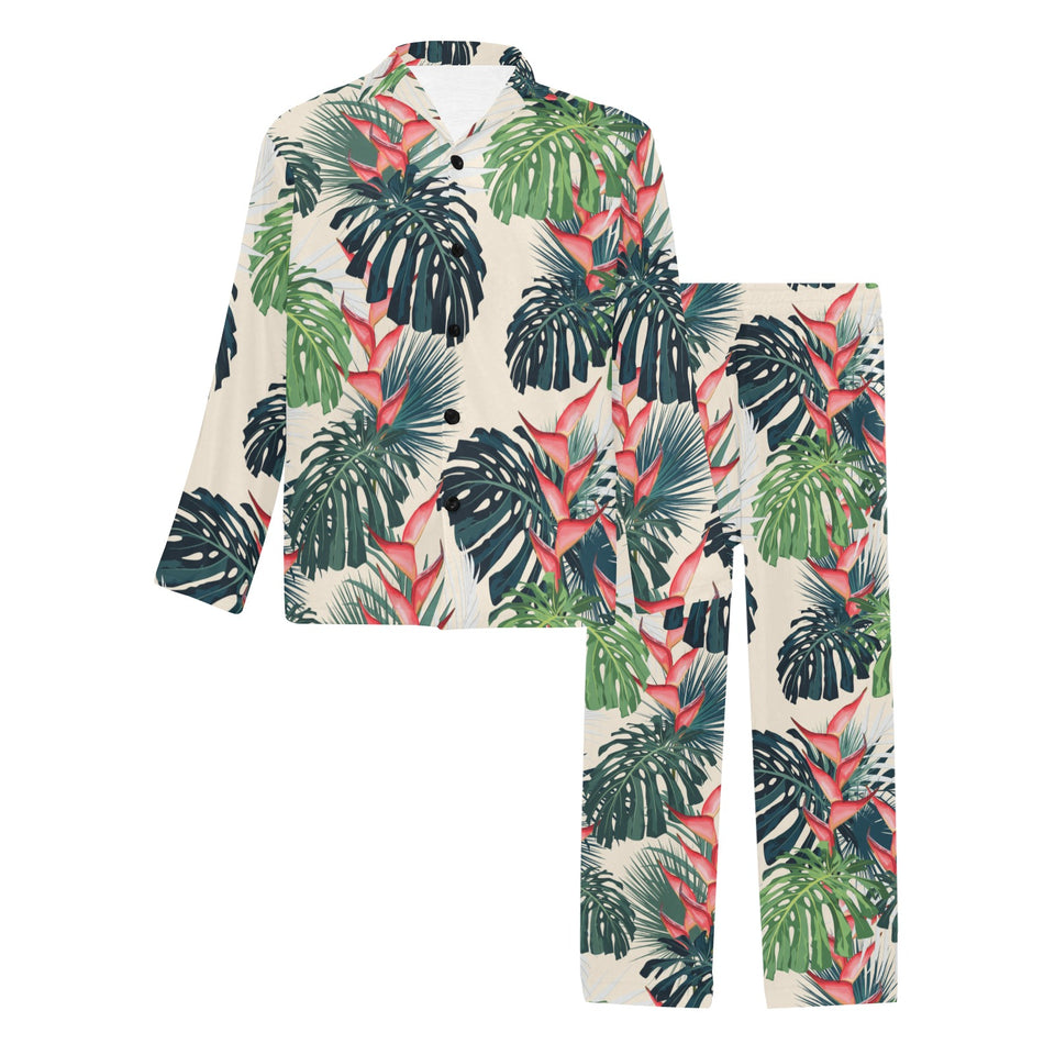 heliconia flowers, palm and monstera leaves Men's Long Pajama Set