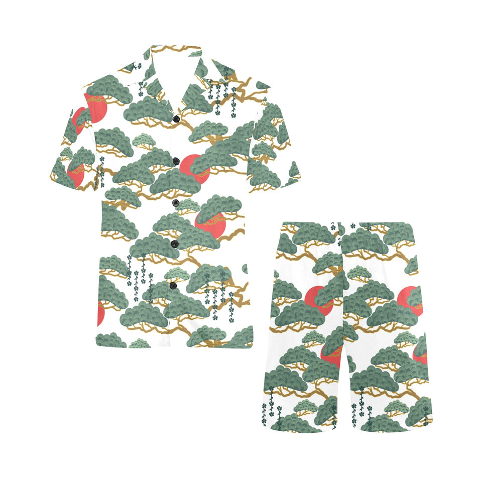 Bonsai red sun japanese pattern Men's V-Neck Short Pajama Set