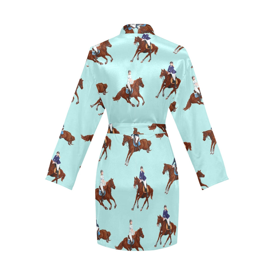 Horses running horses rider pattern Women's Long Sleeve Belted Night Robe