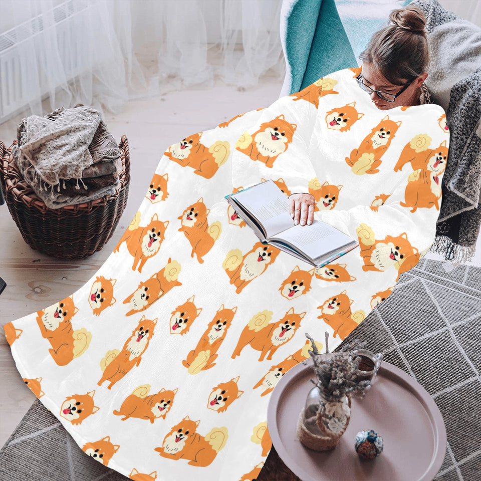 Brown pomeranian pattern Blanket Robe with Sleeves