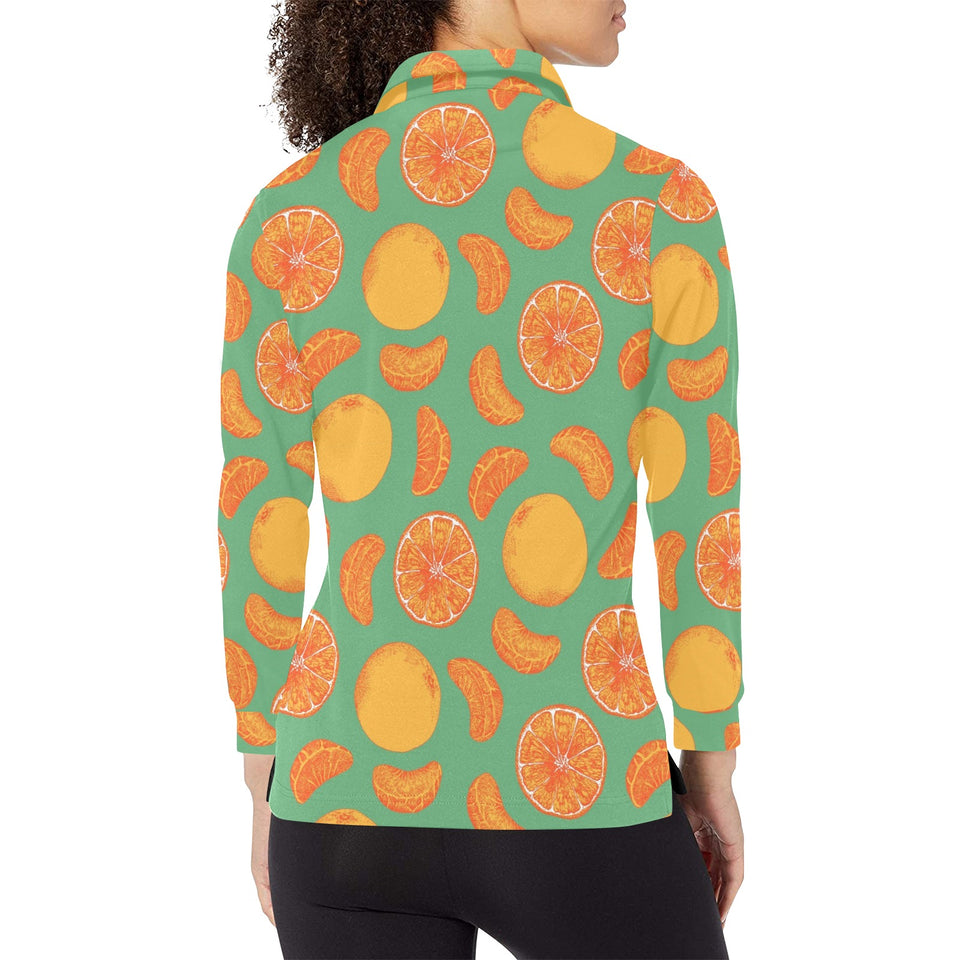 orange fruit pattern green background Women's Long Sleeve Polo Shirt