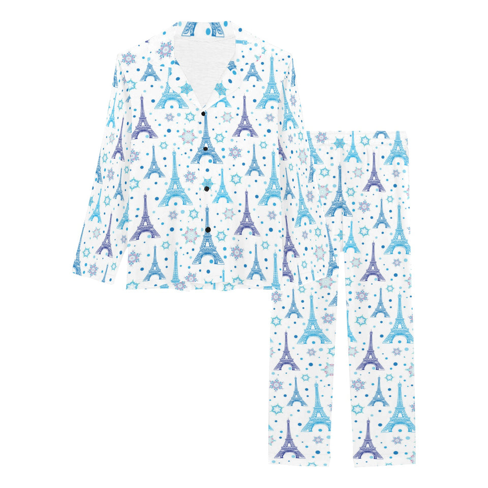 Blue Eiffel Tower Theme Pattern Print Design 01 Women's Long Pajama Set