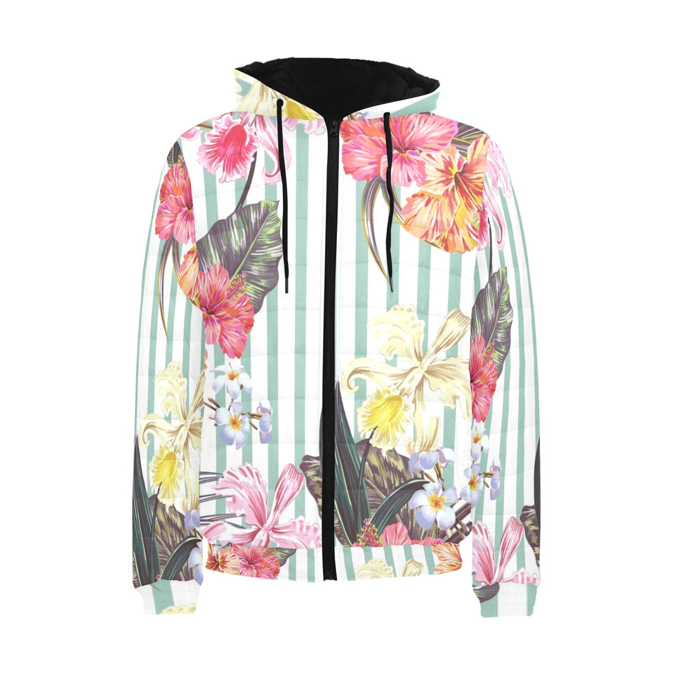 Colorful orchid flower pattern Men's Padded Hooded Jacket