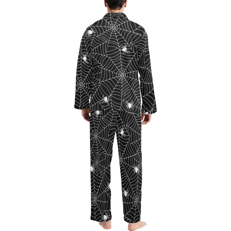 Spider web design pattern Black background white c Men's Long Pajama Set