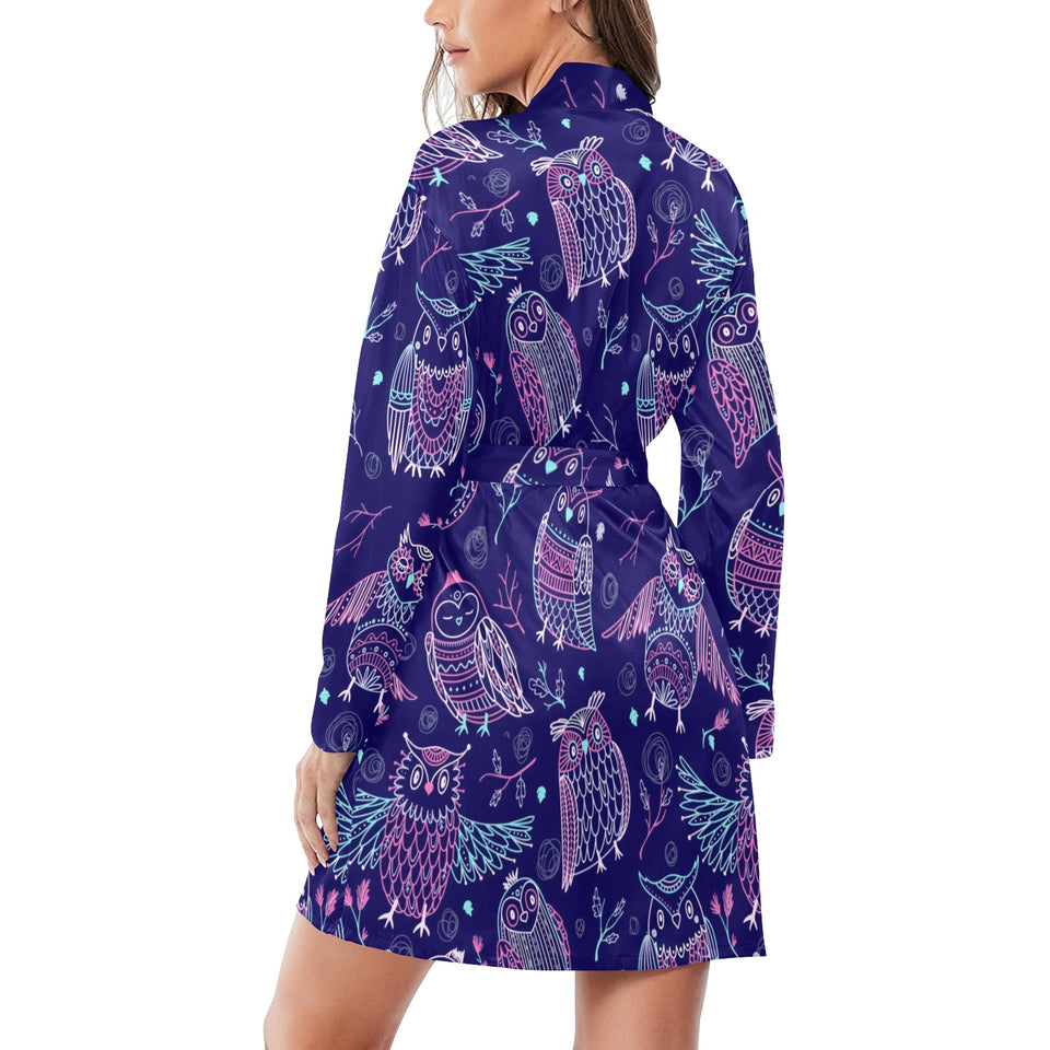 Cute owls pattern boho style ornament Women's Long Sleeve Belted Night Robe