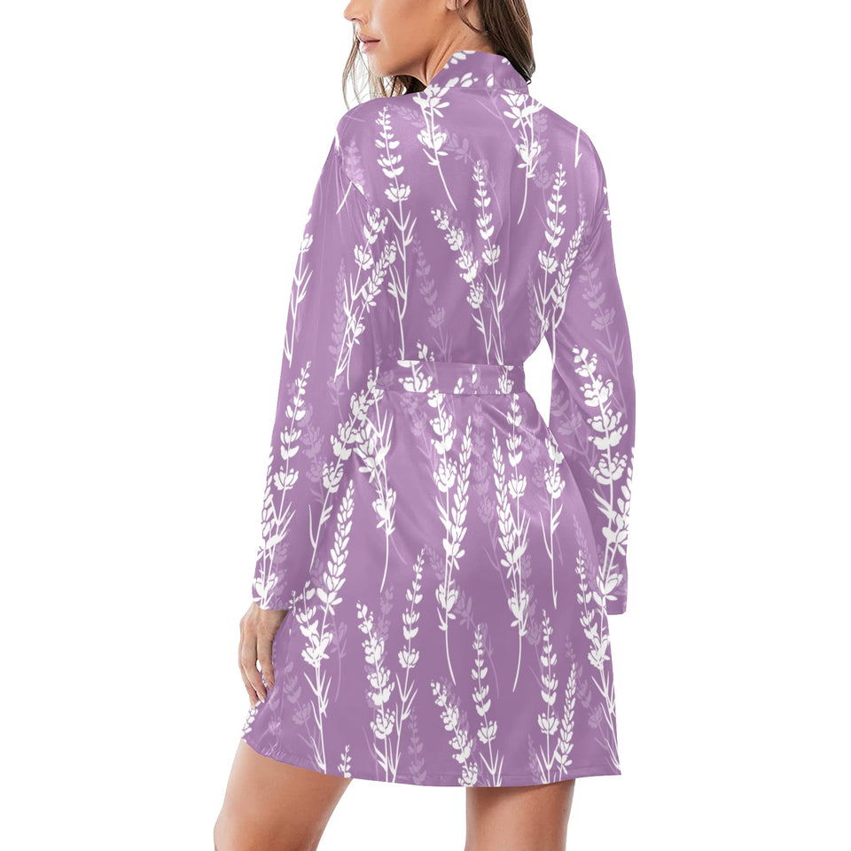 Lavender flowers purple pattern Women's Long Sleeve Belted Night Robe