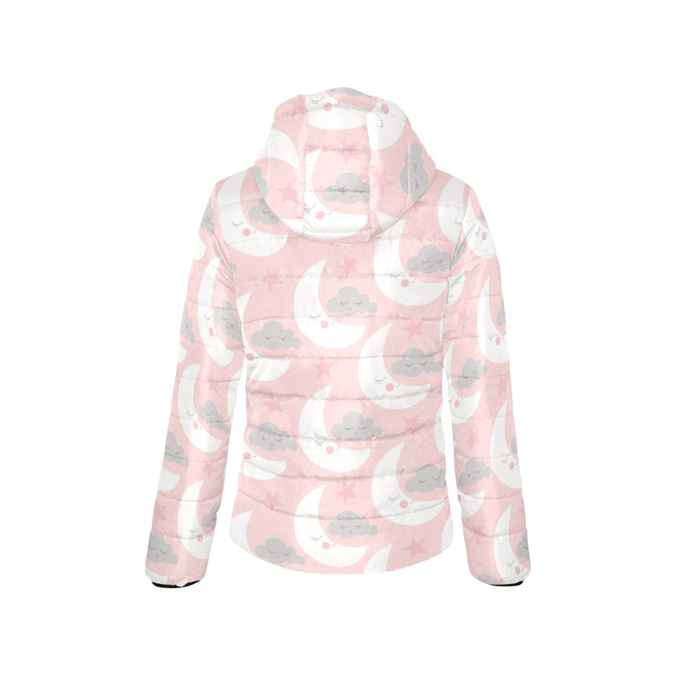 Cute moon cloud star pattern pink dot background Women's Padded Hooded Jacket