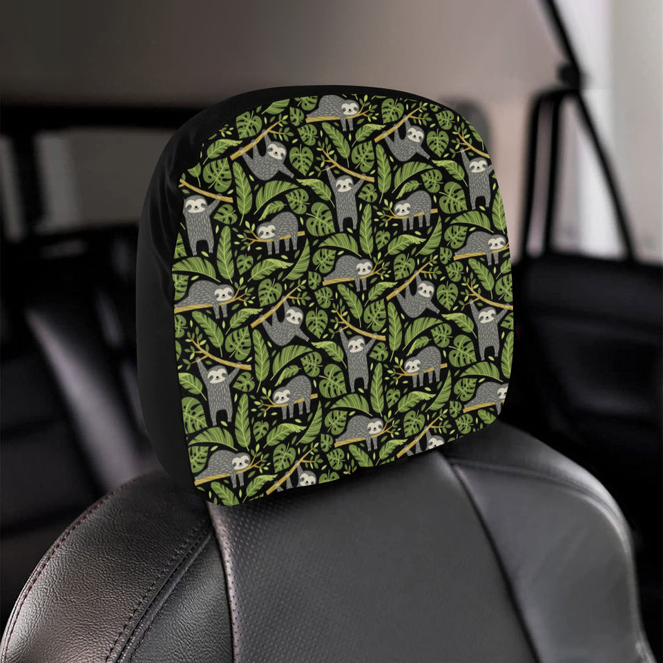 Cute sloths tropical palm leaves black background Car Headrest Cover