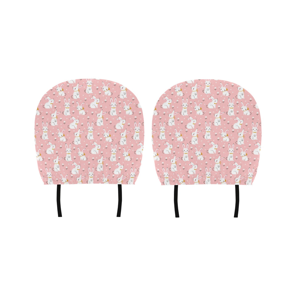 Cute white rabbit flower pink background Car Headrest Cover