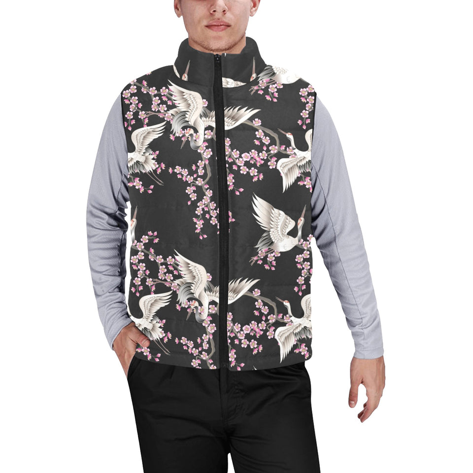 Japanese crane pink sakura pattern Men's Padded Vest