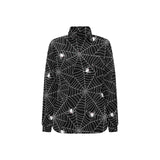 Spider web design pattern Black background white c Women's Long Sleeve Polo Shirt