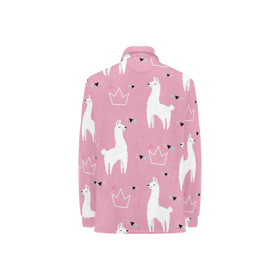Llama Alpaca pink background Women's Long Sleeve Polo Shirt