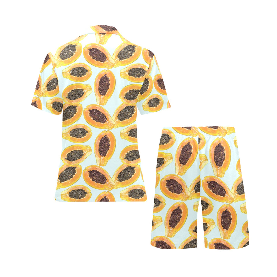 Watercolor papaya pattern Men's V-Neck Short Pajama Set