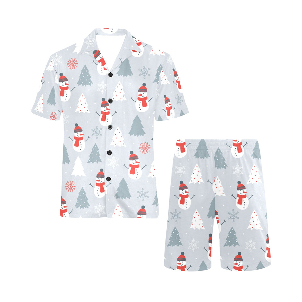 Snowman christmas tree snow gray background Men's V-Neck Short Pajama Set