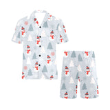 Snowman christmas tree snow gray background Men's V-Neck Short Pajama Set