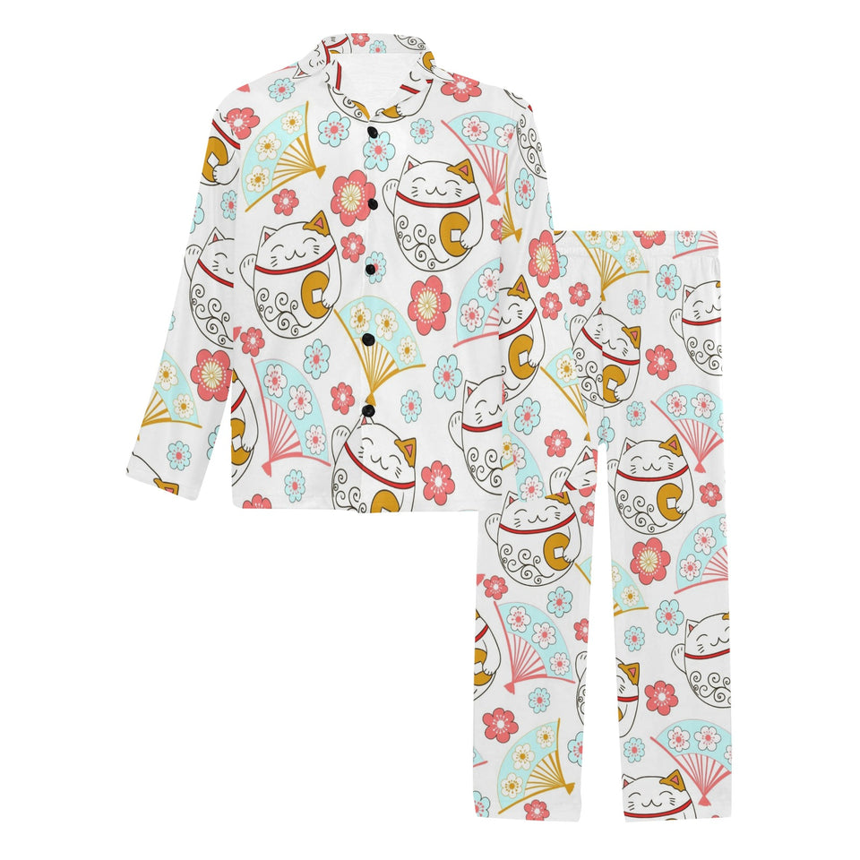 Maneki neko cat fan sakura Men's Long Pajama Set