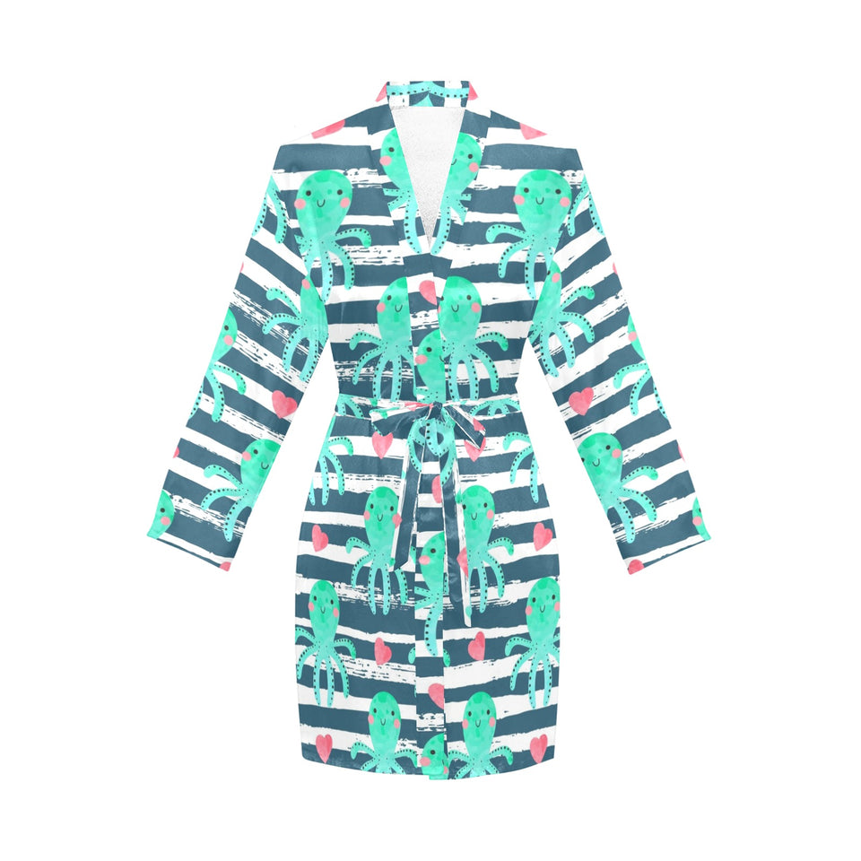 Cute octopuses heart striped background Women's Long Sleeve Belted Night Robe