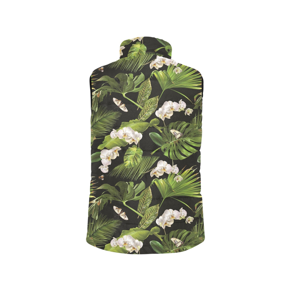 White orchid flower tropical leaves pattern blackg Men's Padded Vest