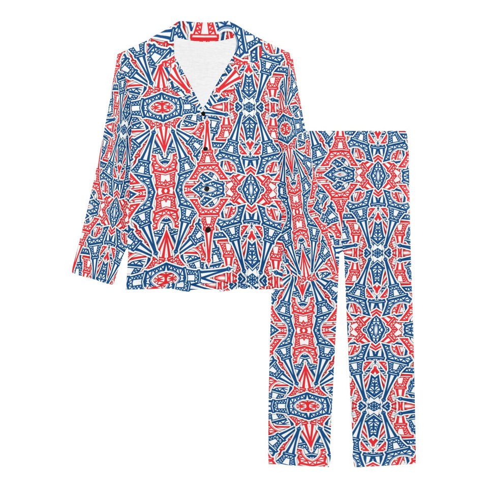 Blue Red Eiffel Tower Pattern Print Design 02 Women's Long Pajama Set