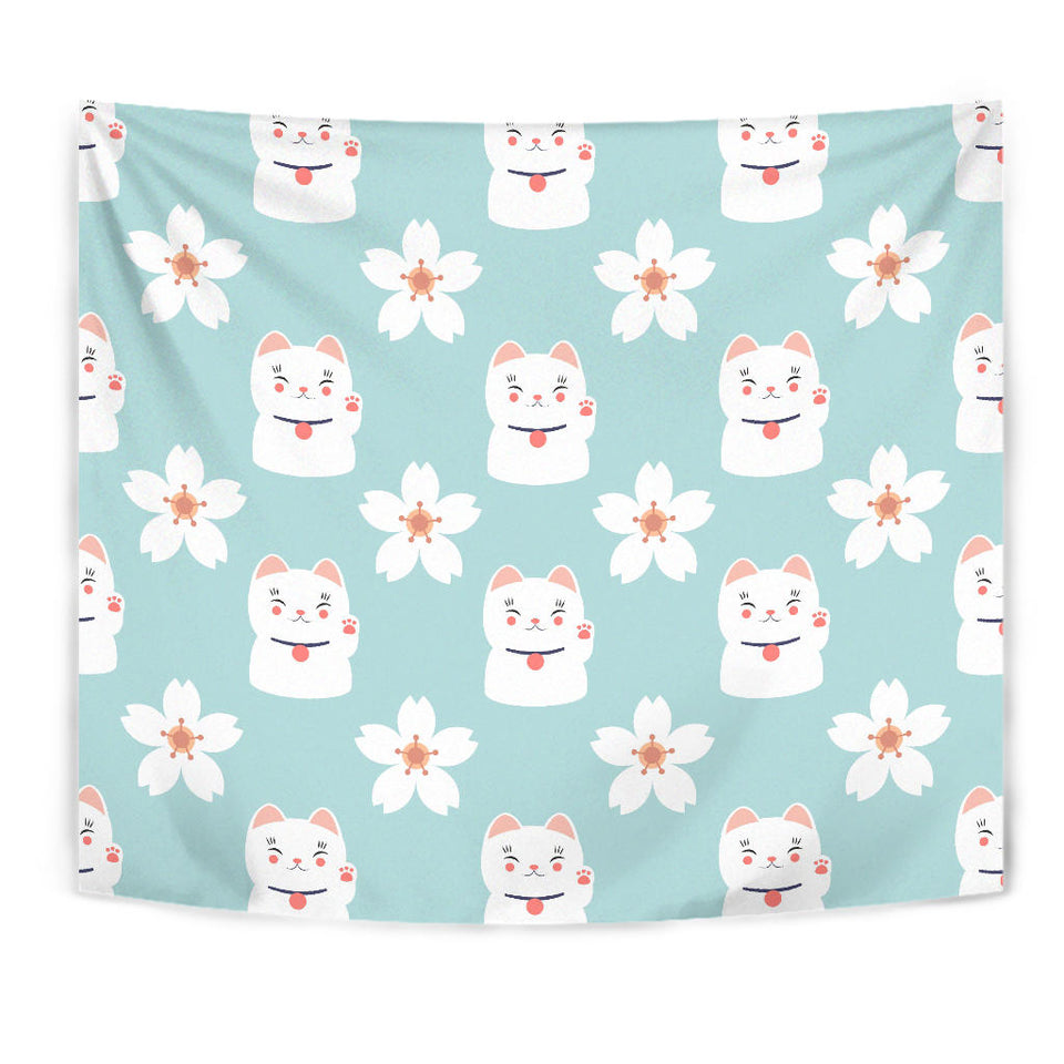 Maneki Neko Lucky Cat Sakura Wall Tapestry
