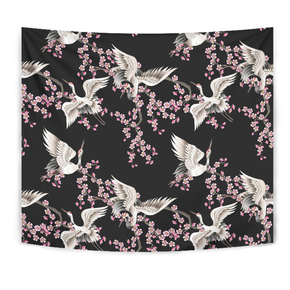 Japanese Crane Pink Sakura Pattern Wall Tapestry