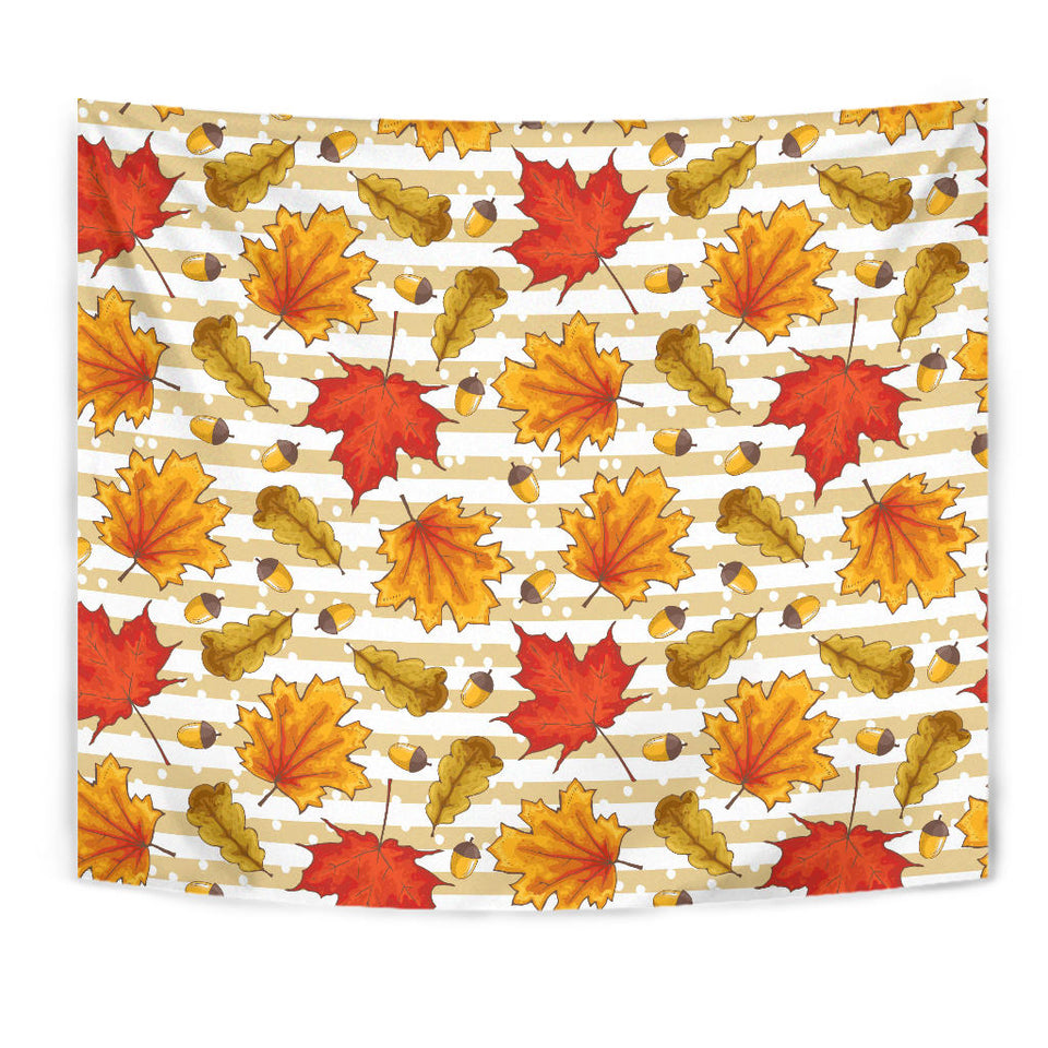 Maple Leaf Oak Leaf Acorns Beige Striped Background Wall Tapestry