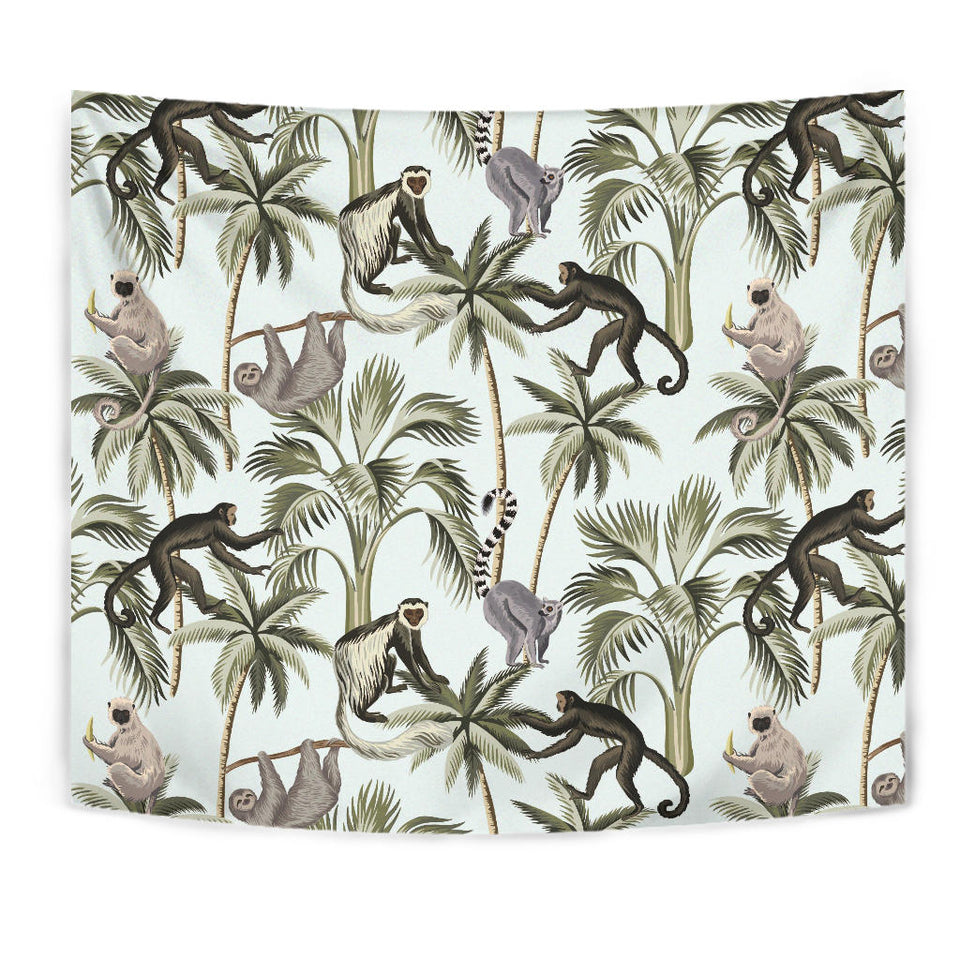 Monkey Sloth Lemur Palm Trees Pattern Wall Tapestry