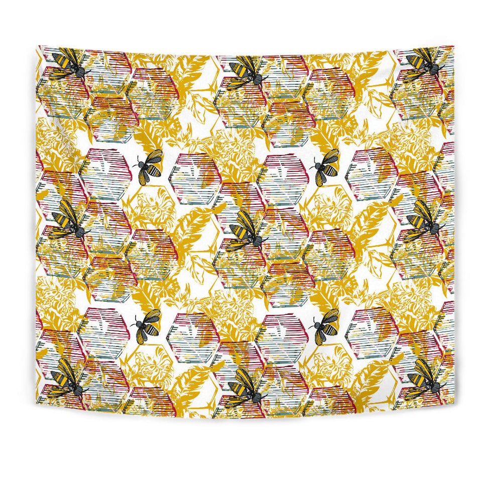Cool Bee Honeycomb Leaves Pattern Wall Tapestry
