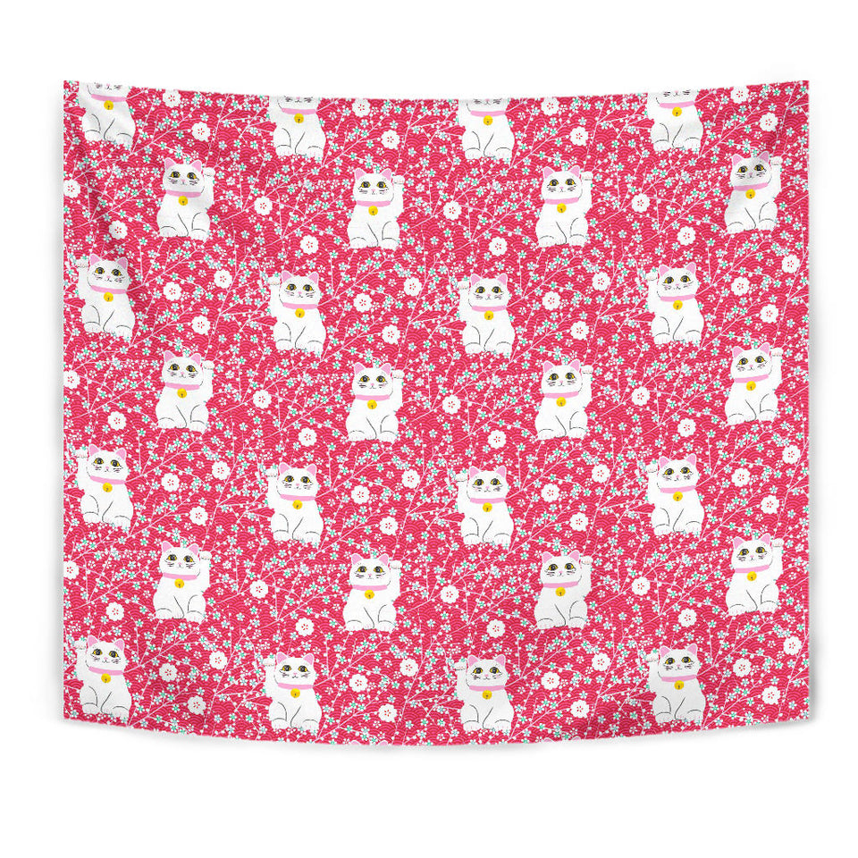 Maneki Neko Lucky Cat Sakura Pink Background Wall Tapestry