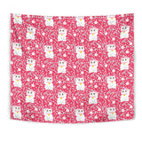Maneki Neko Lucky Cat Sakura Pink Background Wall Tapestry