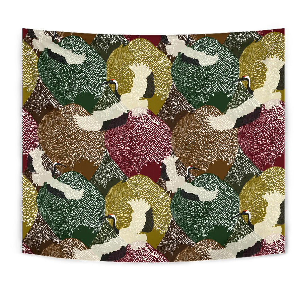 Japanese Cranes Flying Forest Dot Pattern Wall Tapestry