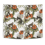 Monkey Red Hibiscus Flower Palm Leaves Floral Pattern Wall Tapestry