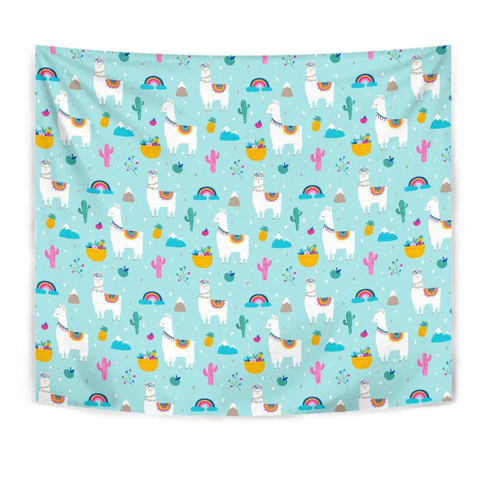 Llama Alpaca Cactus Leaves Pattern Wall Tapestry