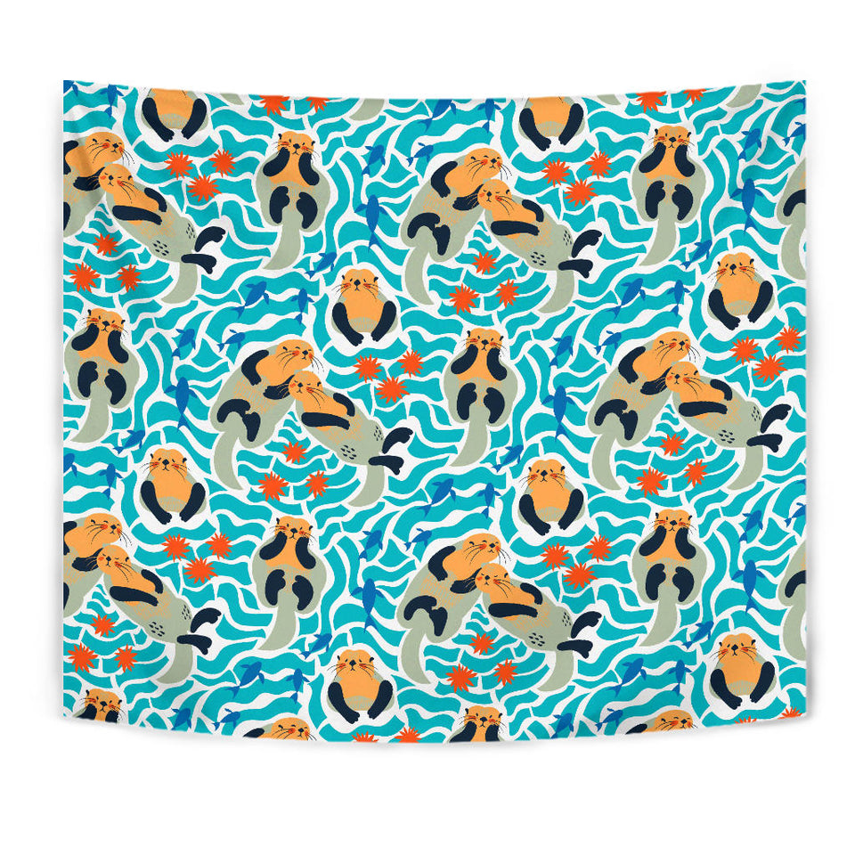 Cute Sea Otters Fishe Sea Urchin Pattern Wall Tapestry
