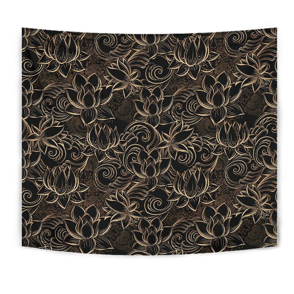 Luxurious Gold Lotus Waterlily Black Background Wall Tapestry