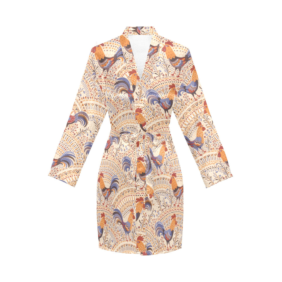 Cute rooster chicken cock floral ornament backgrou Women's Long Sleeve Belted Night Robe