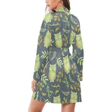 Cute owls leaves pattern Women's Long Sleeve Belted Night Robe