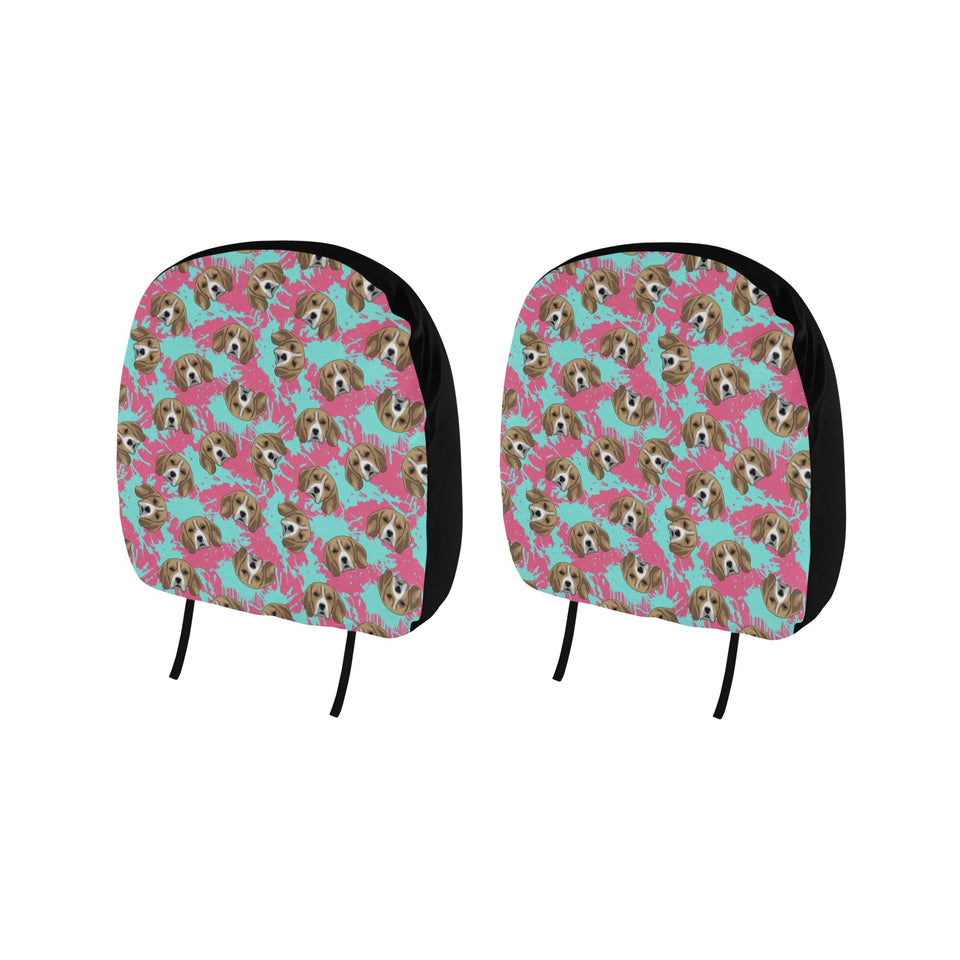 Beagle muzzles turquoise paint splashes pink patte Car Headrest Cover