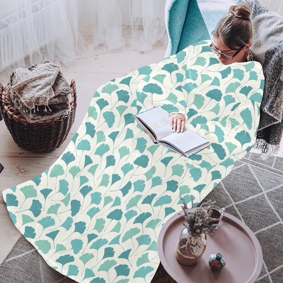 Green ginkgo leaves pattern Blanket Robe with Sleeves