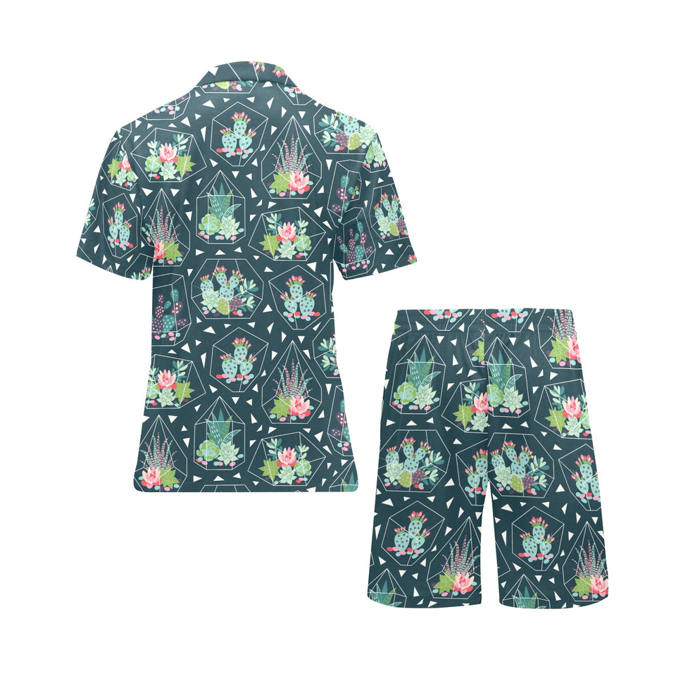 Cactus glass terrarium pattern Men's V-Neck Short Pajama Set