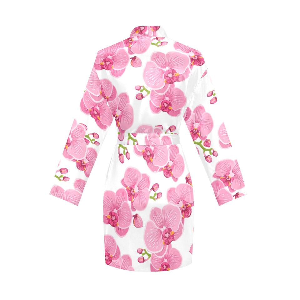 pink purple orchid pattern background Women's Long Sleeve Belted Night Robe